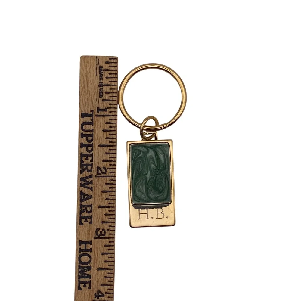 Vintage Gold Tone Green Enamel Monogram H.B. Rectangular Keychain Key Fob Ring